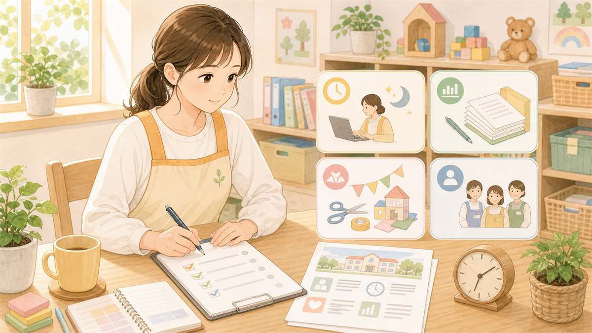 保育士の残業と持ち帰り仕事の内容を整理した保育士向けイラスト