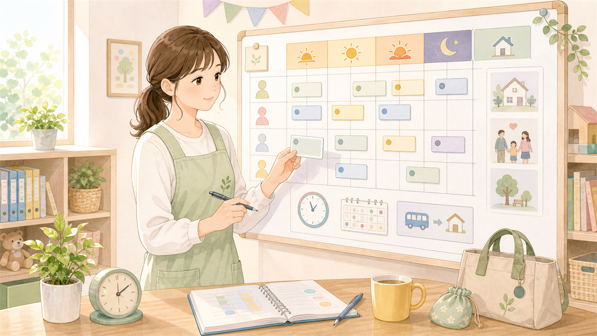 保育士の勤務時間とシフトの内容を整理した保育士向けイラスト