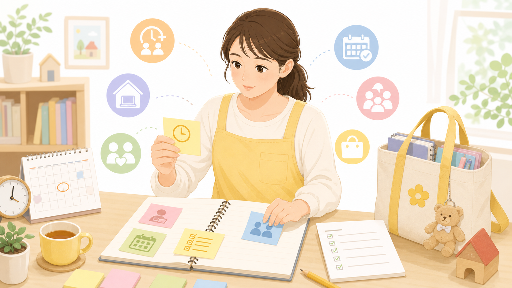 保育士が勤務条件のメモを整理して相談しているイラスト